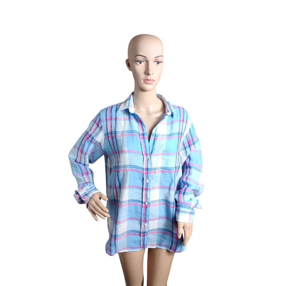 Grayson Frank And Eileen Shirt Women's 04‎ Blue Plaid Linen Blend  The Hero